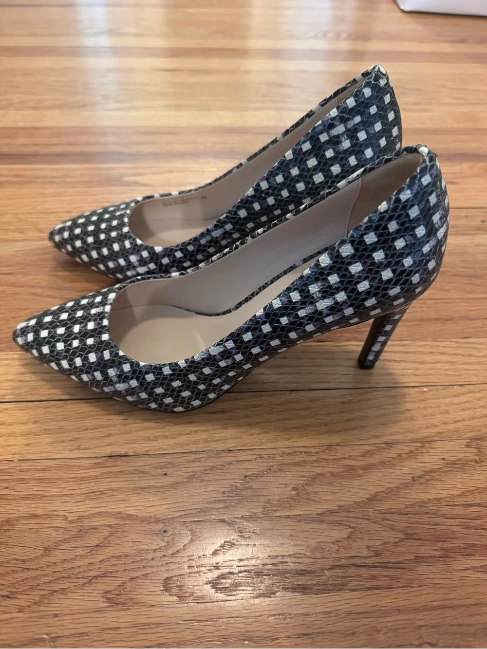 Cole Haan Eliza Black and White Geometric Pointed-Toe Pumps